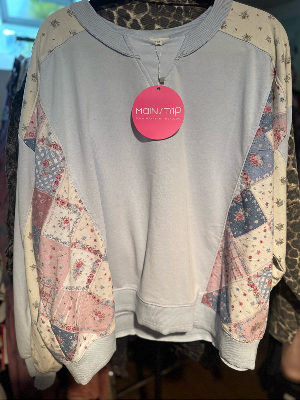 Main Strip Pastel Patchwork Pullover Sweatshirt - Light Blue, Pink, Cream